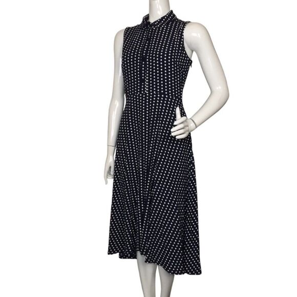 LESLIE FAY Dress, 10, Navy/White Polka Dots, Sleeveless/Collar, Side Zip - Picture 4 of 13